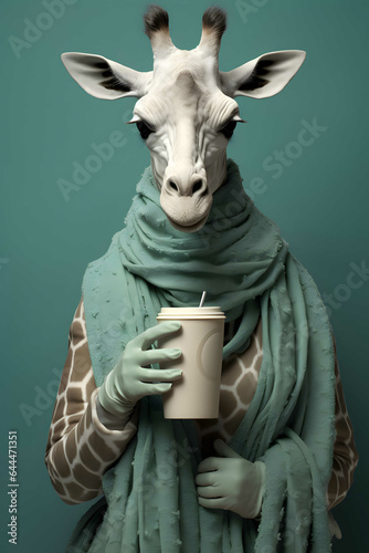 Giraffe with a cup of coffee, light emerald and gray