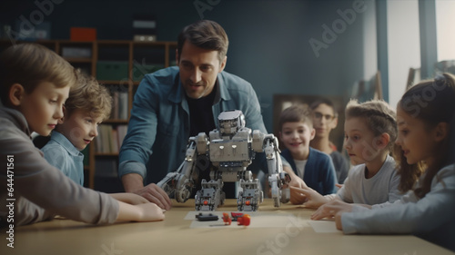 Elementary school coding: Teacher demonstrates mechanical robot programming to young students for students to learn and can invent robots in the future Generative AI
