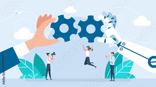 Human and robot hands holding giant gears. Collaboration and innovation in technology. Symbiosis of human and artificial intelligence. Development of technologies and AI. Flat illustration.