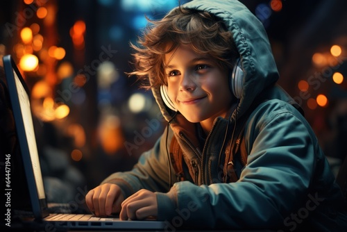 boy sitting and computer in headphones