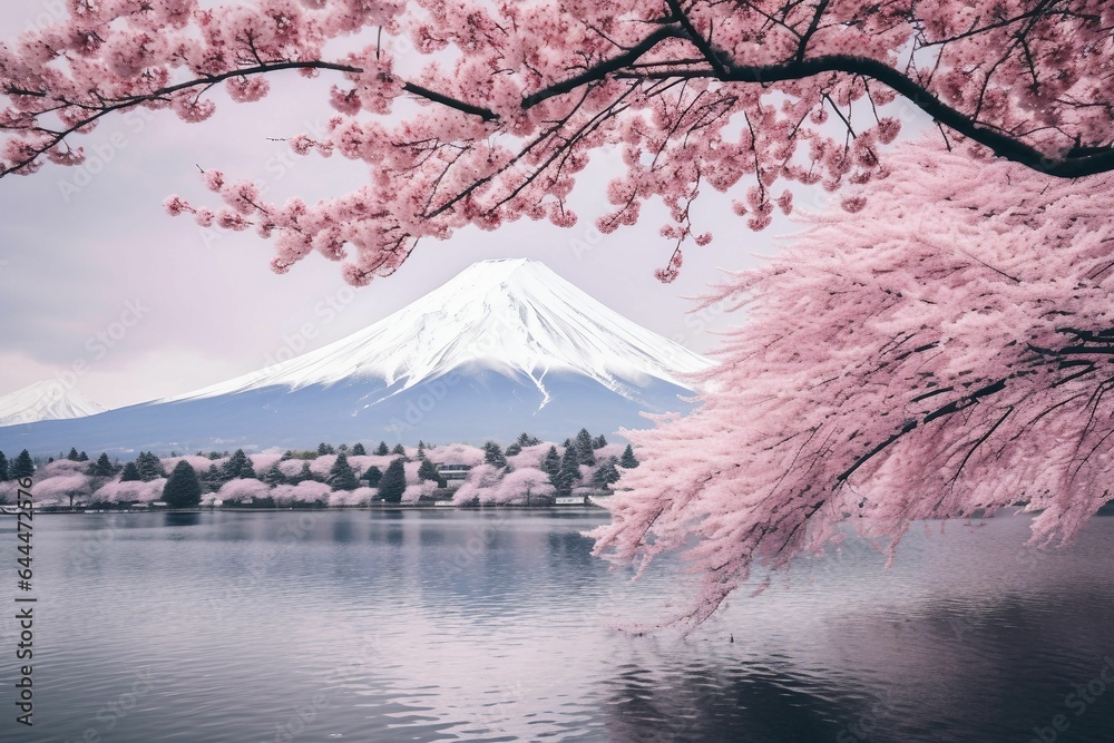 Fuji mountain landscape, cherry blossom river