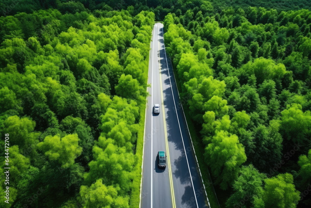 Fototapeta premium Aerial view road going through forest with car