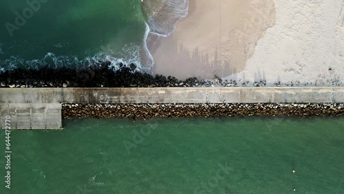 Aerial view of small fishing harbour Struisbaai lighthouse about four kilometres from Cape Agulhas, the southernmost point of the African continent, Western Cape, South Africa