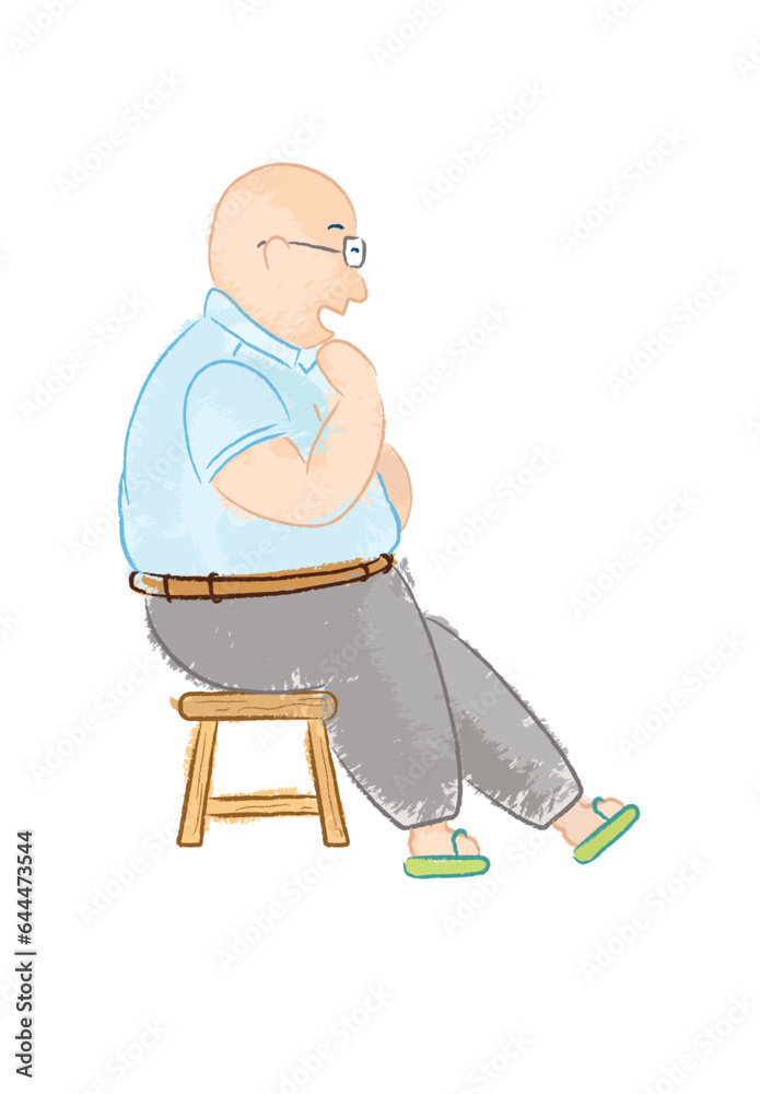 Side view of delightful old man sitting on a short wooden chair and chatting with someone at outdoor