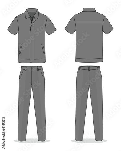 Gray technician workshop uniform template on white background. Front and back view, vector file