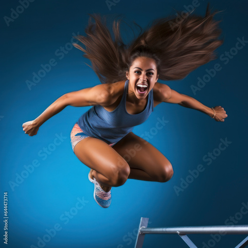 lifestyle photo humor an woman athlete in high jump.