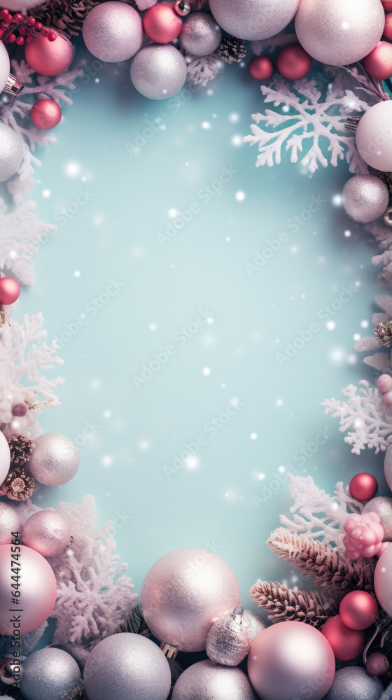 christmas frame with pastel balls and snowflakes