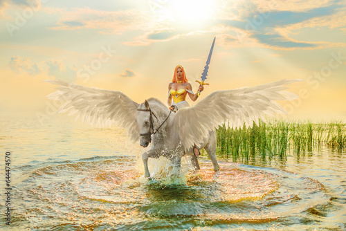 Art photo real people Fantasy woman warrior queen sits astride white horse with wings goddess girl rides pegasus animal. princess holds magic sword in hands walks in water river sea lake sun light sky