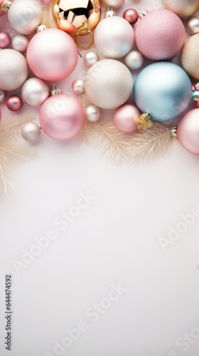 christmas frame made out of christmas ball, pastel colors, background