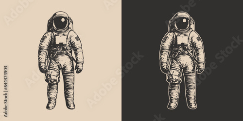 Set of vintage retro astronaut nasa future space adventure explore. Galaxy science trip. Graphic Art. Vector