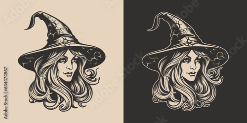 Vintage retro Halloween witch magic wisard female girl woman spooky scary horror element. Monochrome Graphic Art. Vector. Hand drawn element in engraving. style