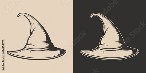 Vintage retro Halloween witch magic hat. Monochrome Graphic Art. Vector. Hand drawn element in engraving. style