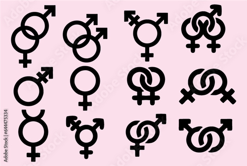 Gender symbols set. Sexual orientation icons. Male, female, transgender, gay, lesbian, bisexual, bigender, travesti, genderqueer and androgyne. Editable vector, eps 10.