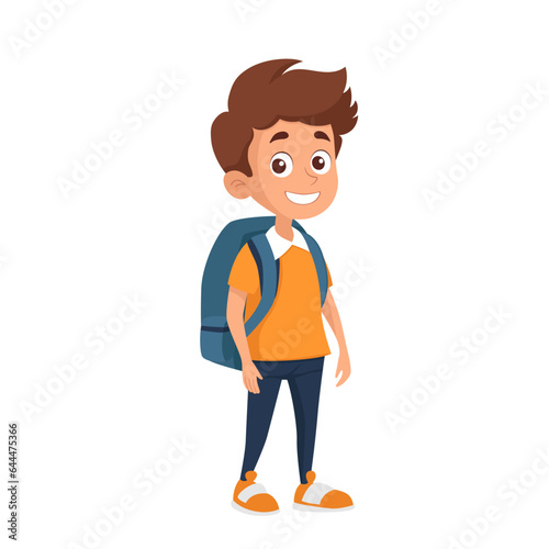 Boy with backpack going to school. Pupil cartoon character. Back to school concept. Isolated vector illustration