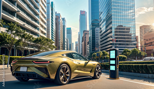 EV car plugged into a charging station. Modern electric vehicle. Green technology automotive concept