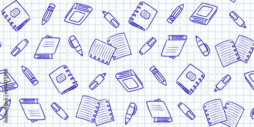Blue outline school supplies and office stationary on a notebook sheet in a cell. Back to school endless texture, education concept. Vector seamless pattern for office supply store, giftwrap and print