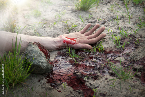 Bloodied hand lies on the ground © Marina
