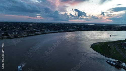 Aerial view of New Orleans skyline at twilight along the lake Pontchartrain, Louisiana, United States. photo