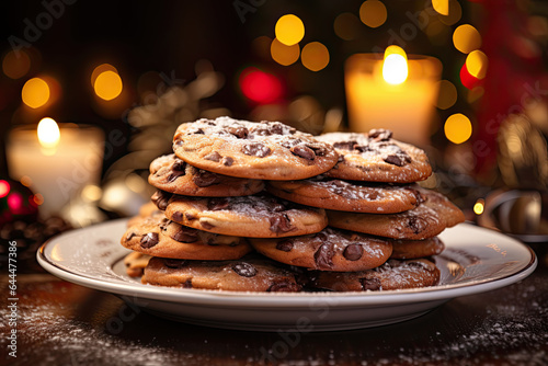 chocolate chip cookies and christmas decorations