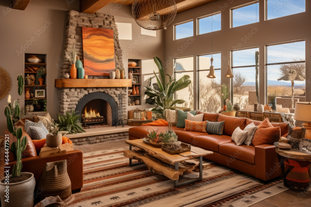 A Cozy Southwestern Oasis: A Vibrant Living Room Interior with Earthy Tones, Rustic Furniture, and Desert-inspired Decor