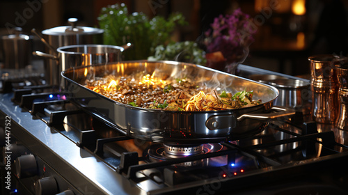 A gas stove hosts a stainless pan, where culinary magic unfolds..