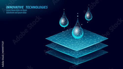 Low poly model waterproof fabric technology. Dark blue wire mesh futuristic digital water drop repellent textile properties vector illustration