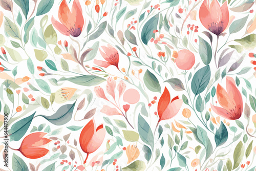 Vector art beautiful seamless pattern flowers and leaves watercolor.