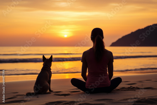 a woman sitting on the beach at sunset doing yoga with her pet to improve focus.