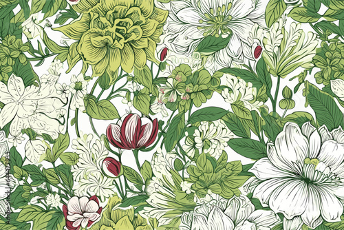 Vector abstract, art, backdrop, background, Christmas seamless pattern with Watercolor painting green leaves and lisianthus flower arrangement and berries. Hand drawn.
