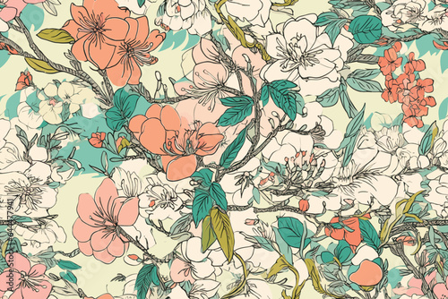 Vector abstract, art, backdrop, background, Christmas seamless pattern with Watercolor painting green leaves and lisianthus flower arrangement and berries. Hand drawn.