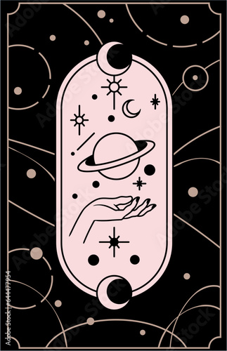 Cosmos tarot cards are created by the hands of God. Hands are set in a simple flat esoteric Boho style. esoteric collection of logos with various symbols such as a planetary cosmic, the moon and star