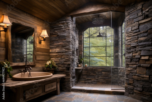 A Serene Escape  Rustic Cabin Bathroom with Log Walls and a Stone Shower