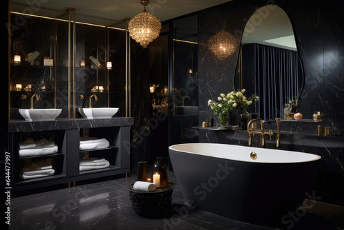 A Luxurious Bathroom Oasis with Striking Black Accents and Exquisite Decor  Bathed in Soft Ambient Lighting
