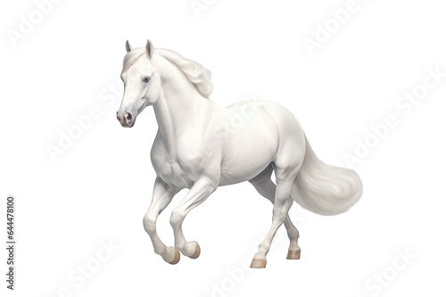 Shiny white horse running in action on a cutout PNG transparent background