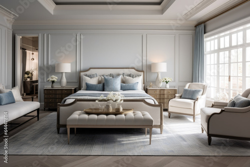 Elegant Tranquility  A Captivating Bedroom Interior with Transitional Style  Featuring Luxurious Furniture  Soft Lighting  and Serene Ambiance