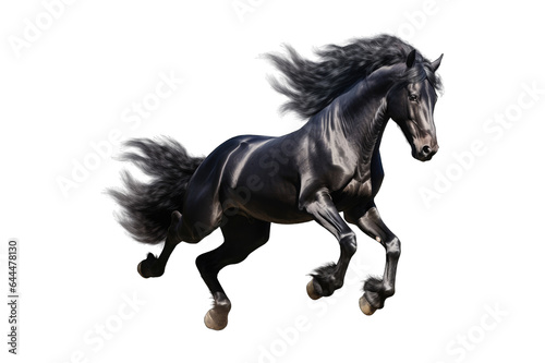 Shiny black horse running in action on a cutout PNG transparent background