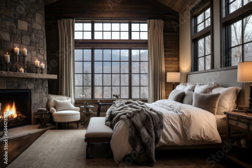 Rustic Elegance: A Serene Farmhouse Bedroom with Cozy Furnishings, Soft Lighting, and Timeless Charm © aicandy