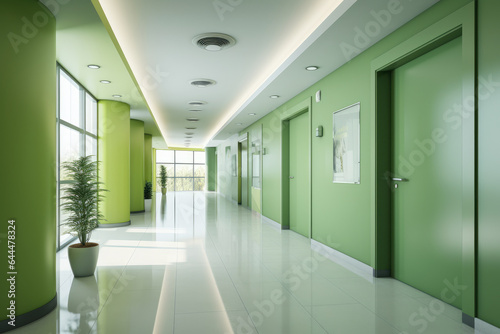 Tranquil and Inviting Green Colored Hallway Interior with Modern Design and Abundant Natural Light © aicandy
