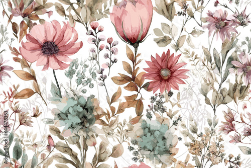 Vector abstract, art, backdrop, background, Christmas seamless pattern with Watercolor painting green leaves and lisianthus flower arrangement and berries. Hand drawn.