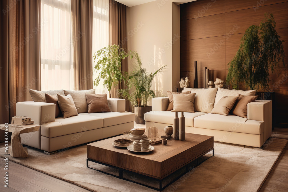 A Warm and Cozy Living Room Interior in Beige and Brown Colors, Featuring Elegant Furniture and Wood Accents A Warm and Cozy Living Room Interior in Beige and Brown Colors, Featuring Elegant Furniture and Wood Accents