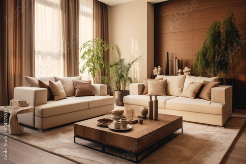 A Warm and Cozy Living Room Interior in Beige and Brown Colors  Featuring Elegant Furniture and Wood Accents