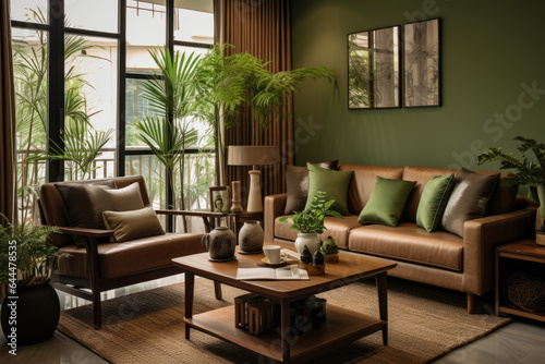A Cozy and Serene Living Room Interior in Brown and Green Colors, Featuring Earthy Tones, Natural Elements, and Vibrant Accents © aicandy