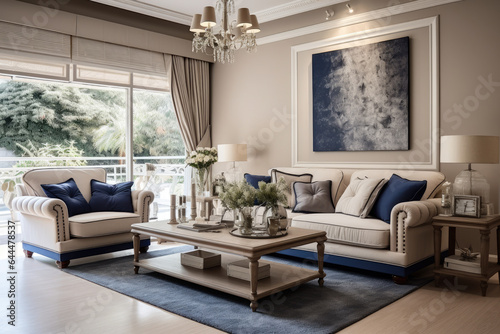 A Cozy and Elegant Living Room Interior in Beige and Navy Blue Colors
