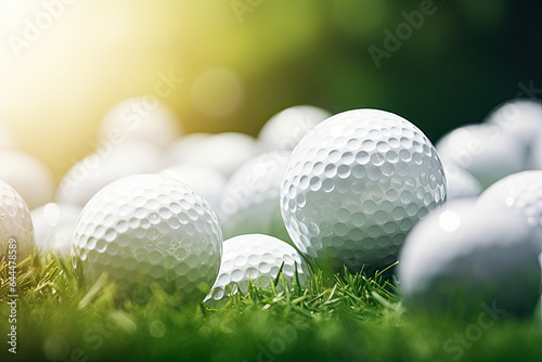 Golf balls on the green nature blurred background 