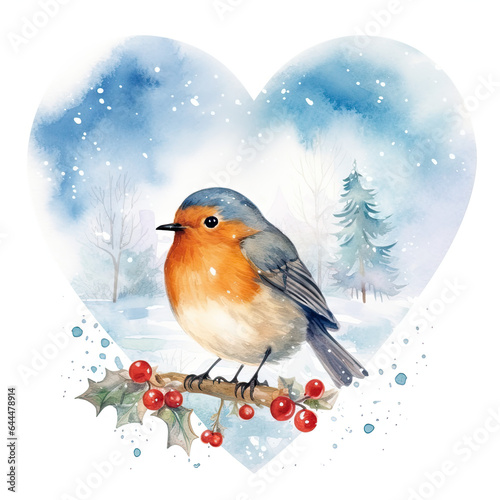 robin bird in winter forest  on the branch © reddish