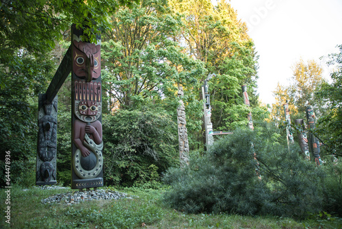 Beautiful view of the Totem Pole in Stanley Park in Vancouver, Canada