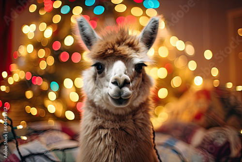 Cute happy alpaca,  Christmas fairy lights on the background 