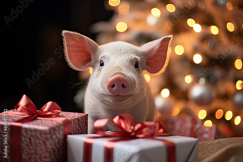 Wallpaper Mural cute pig with gifts. Christmas piggy Torontodigital.ca