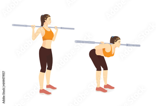 Sport woman doing Barbell exercise in good morning barbell pose by empty Barbell. Muscles target on shoulder, back, hip, arm, abdominal with equipment.