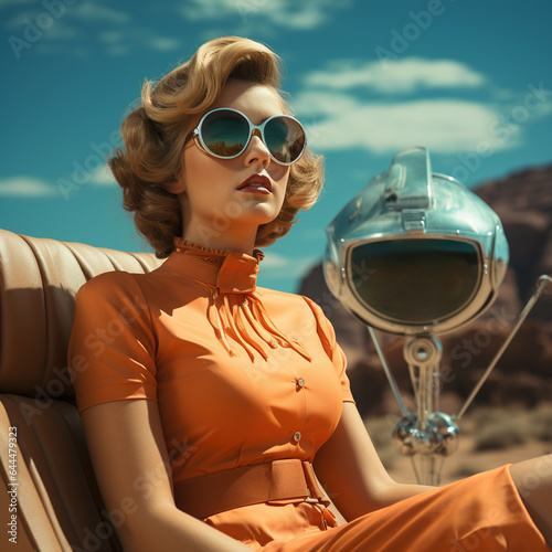 A blond woman in sunglasses wearing an orange dress sits in an office chair. In the background, there is a strange appliance standing. Retro-futurism aesthetics